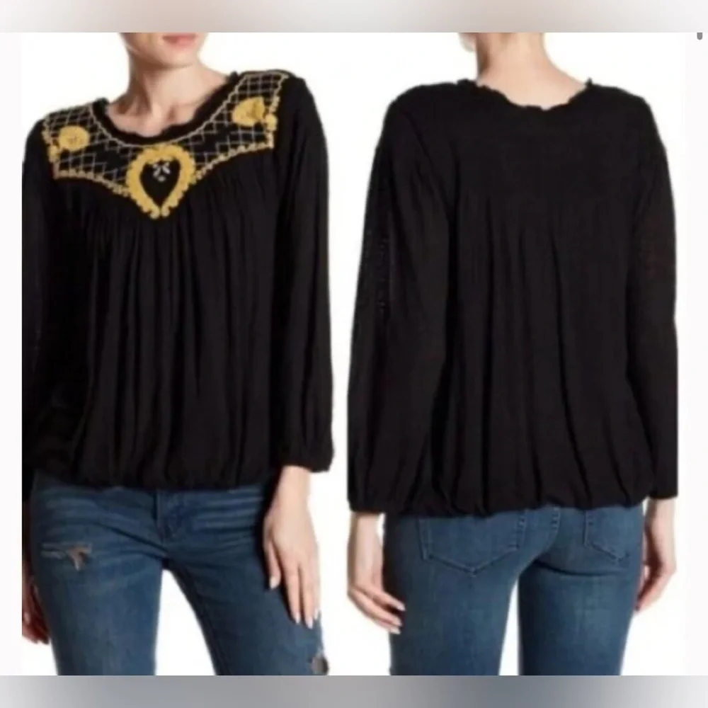 Free people black yellow embroidered begonia peasant top medium